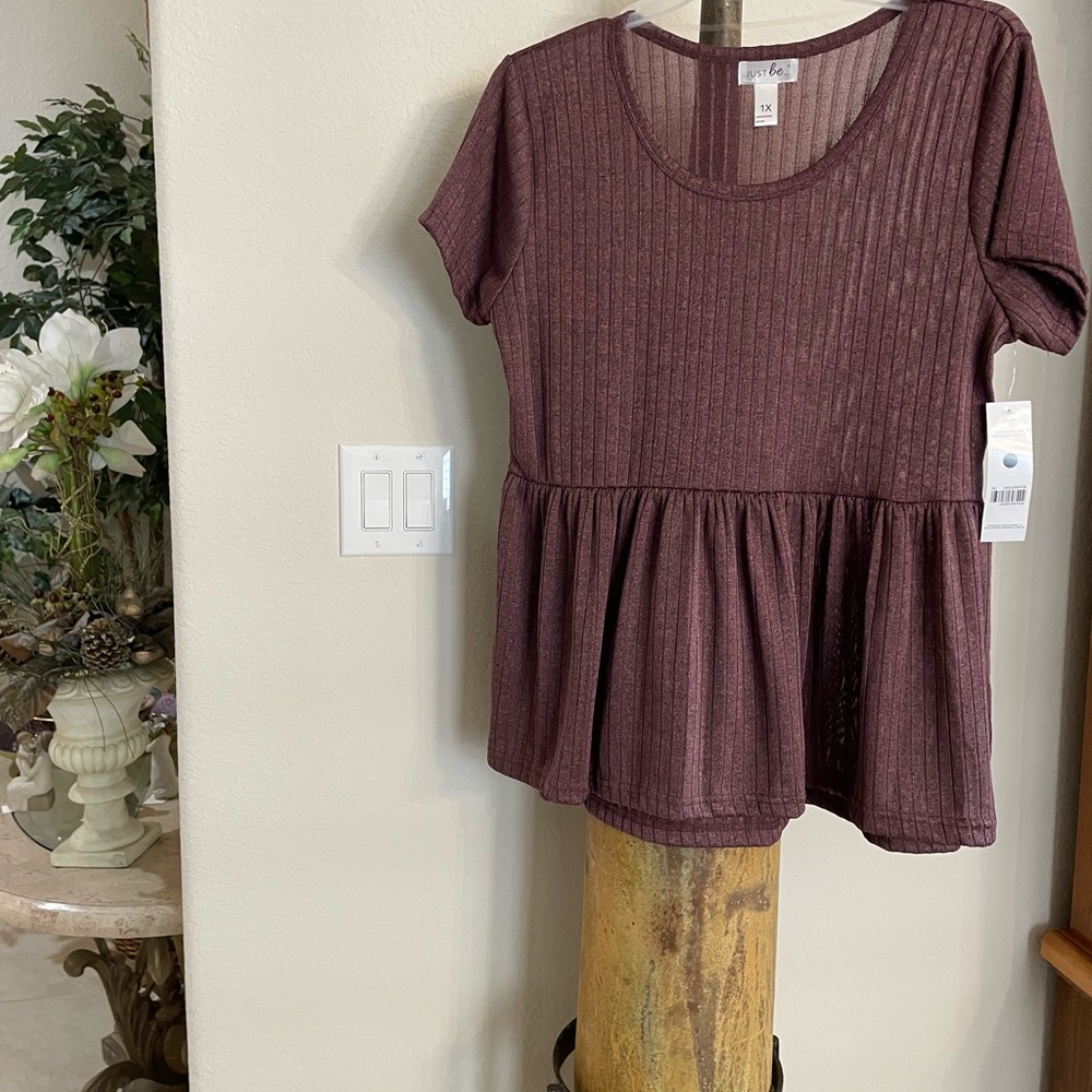 NWT Just Be Burgundy / Mauve Short Sleeve ribbed plus size 1X Peplum Top